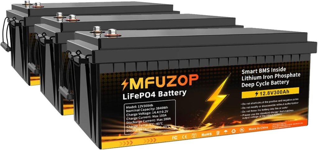 4PCS 12V 300Ah LiFePO4 Lithium Battery with 200A BMS, 3840Wh Lithium Iron Phosphate Battery, up to 15000+ Cycles, Support in Series/Parallel, for RVs, Boats, Trolling Motor, Solar Panel System