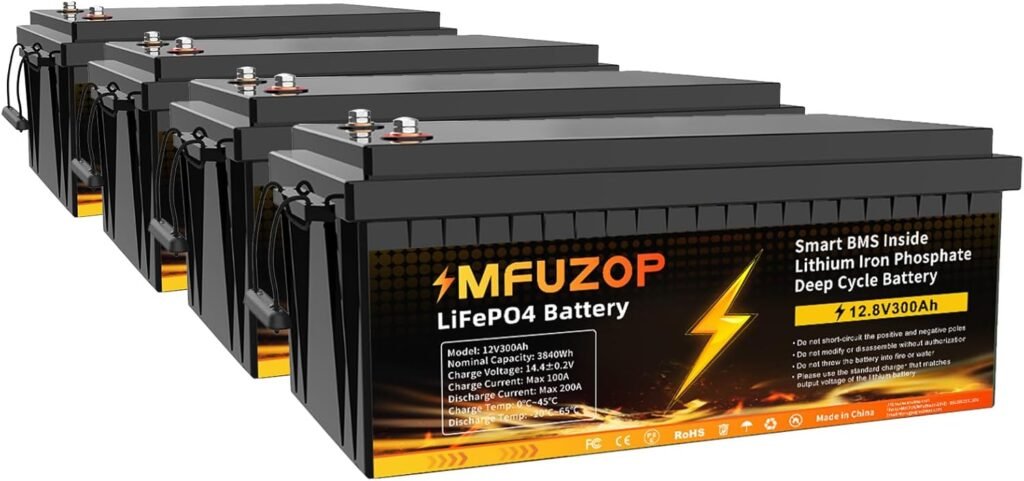 4PCS 12V 300Ah LiFePO4 Lithium Battery with 200A BMS, 3840Wh Lithium Iron Phosphate Battery, up to 15000+ Cycles, Support in Series/Parallel, for RVs, Boats, Trolling Motor, Solar Panel System