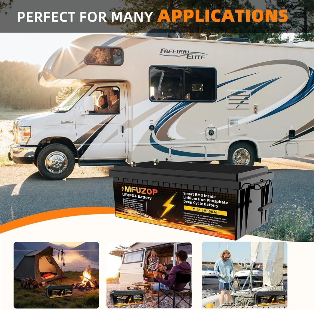 4PCS 12V 300Ah LiFePO4 Lithium Battery with 200A BMS, 3840Wh Lithium Iron Phosphate Battery, up to 15000+ Cycles, Support in Series/Parallel, for RVs, Boats, Trolling Motor, Solar Panel System