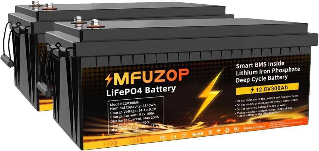 4PCS 12V 300Ah LiFePO4 Lithium Battery with 200A BMS, 3840Wh Lithium Iron Phosphate Battery, up to 15000+ Cycles, Support in Series/Parallel, for RVs, Boats, Trolling Motor, Solar Panel System