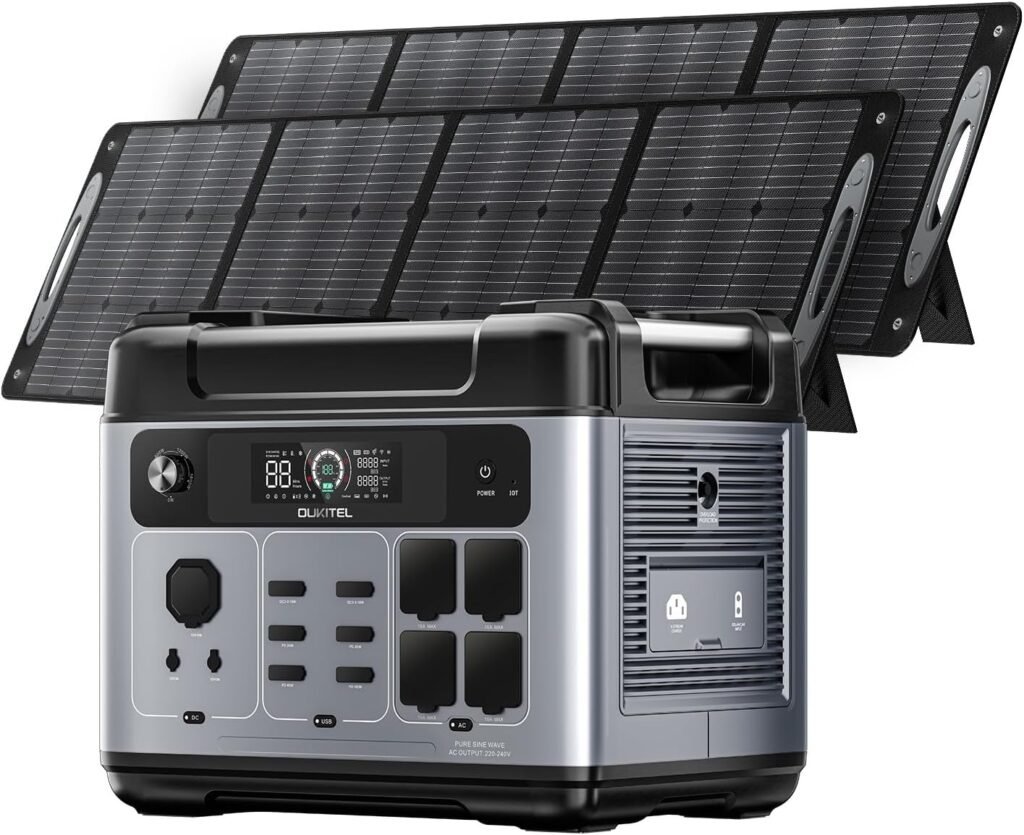 OUKITEL P2001 Plus Portable Power Station with 2 Solar Panels 200W, LiFePO4 Battery 2048Wh with 4 AC Outputs 2400W (4800W Peak), Solar Generator for Camping, Road Travel