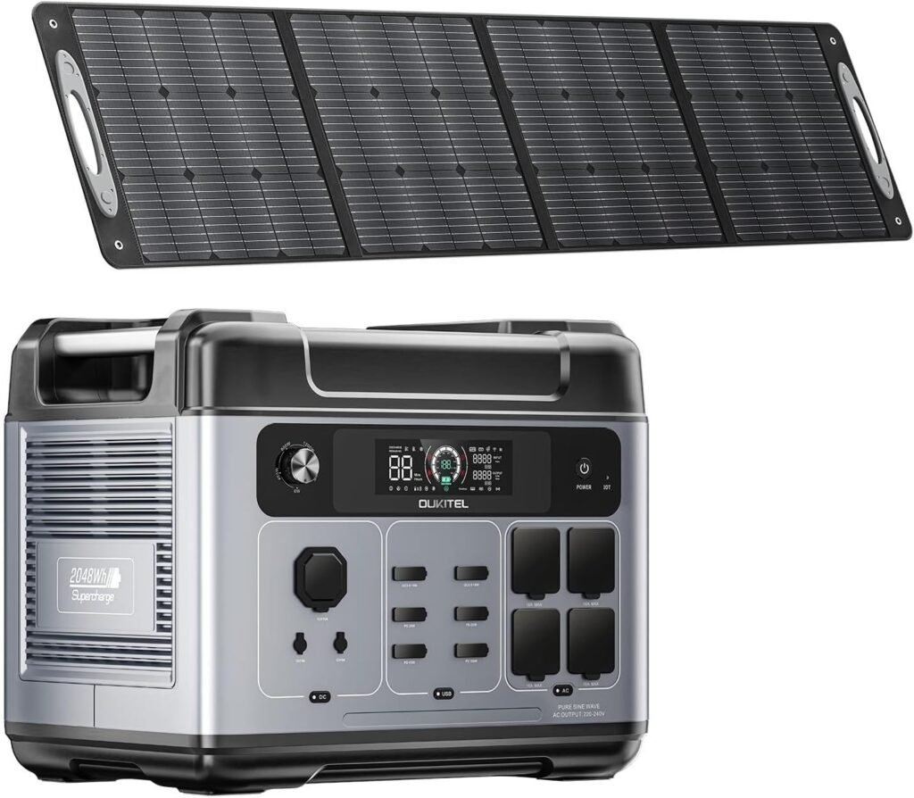 OUKITEL P2001 Plus Portable Power Station with 2 Solar Panels 200W, LiFePO4 Battery 2048Wh with 4 AC Outputs 2400W (4800W Peak), Solar Generator for Camping, Road Travel