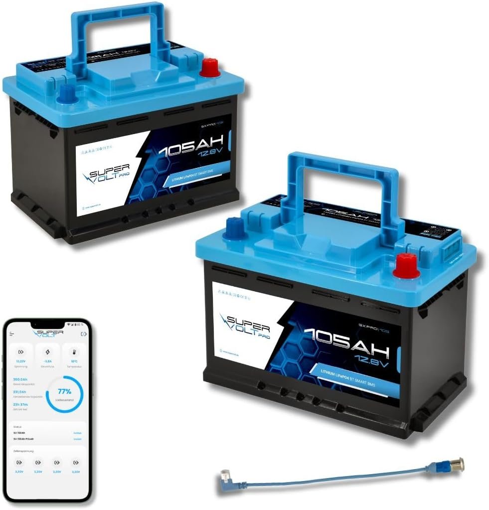 Pro LiFePO4 2 x 12 V 105 Ah Lithium Batteries Set | 100% Usable Capacity, Plug  Play DIN Dimensions, with Smart BMS, Bluetooth  Heating up to -30 °C | For Motorhome, Box Van, Boat, Solar