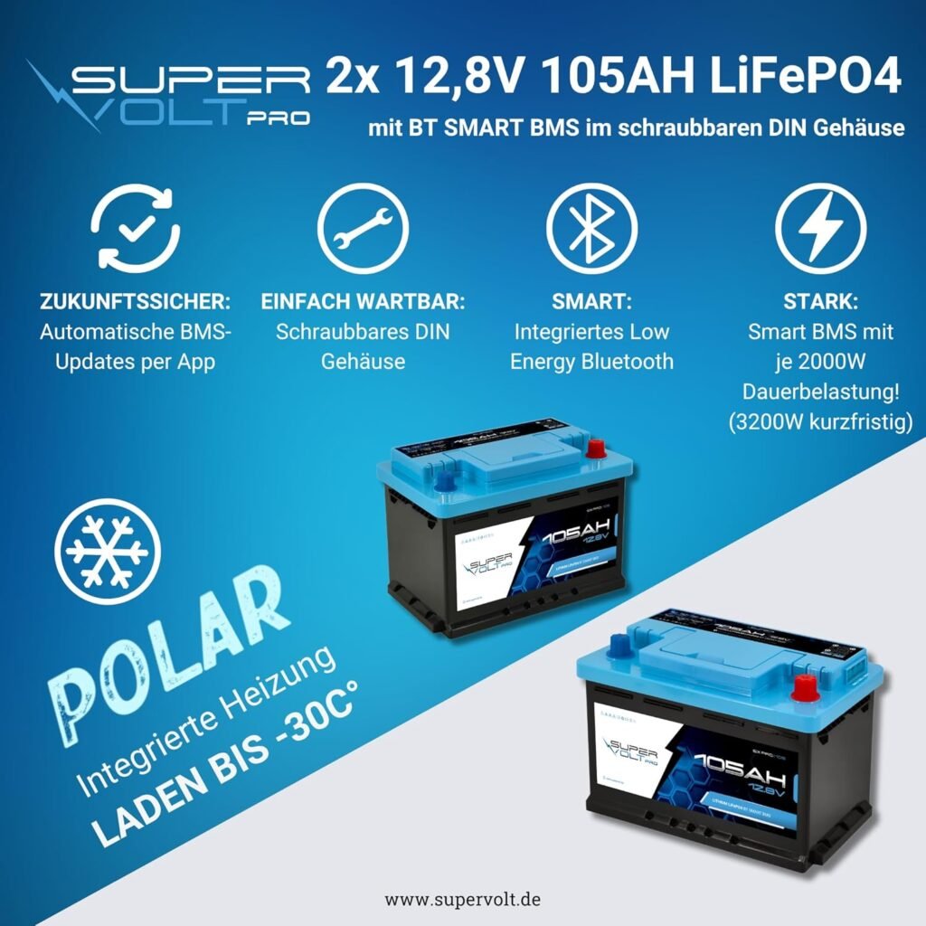 Pro LiFePO4 2 x 12 V 105 Ah Lithium Batteries Set | 100% Usable Capacity, Plug  Play DIN Dimensions, with Smart BMS, Bluetooth  Heating up to -30 °C | For Motorhome, Box Van, Boat, Solar
