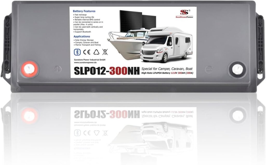 Sunstone 12 V 300 Ah LiFePO4 Maintainer Maintenance-Free, Max. 200 A Discharge Current, 3.84 KWH for PV Systems in Motorhome, Caravan, Boat