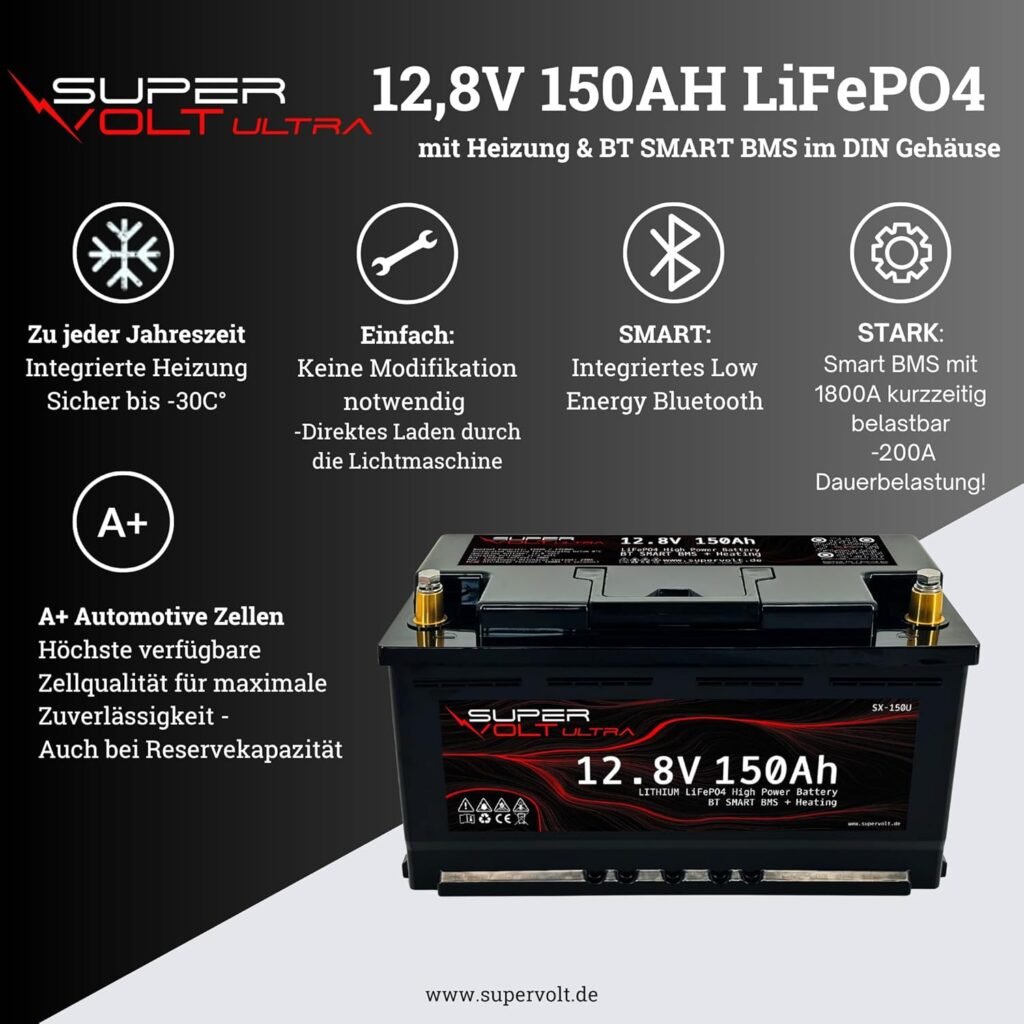 Ultra LiFePO4 12 V 150 Ah Lithium High Performance Battery 2.5 kW Continuous Power, Plug  Play DIN Dimensions, with Smart BMS, Bluetooth  Heating up to -30 °C for Motorhome, Box Van, Boat