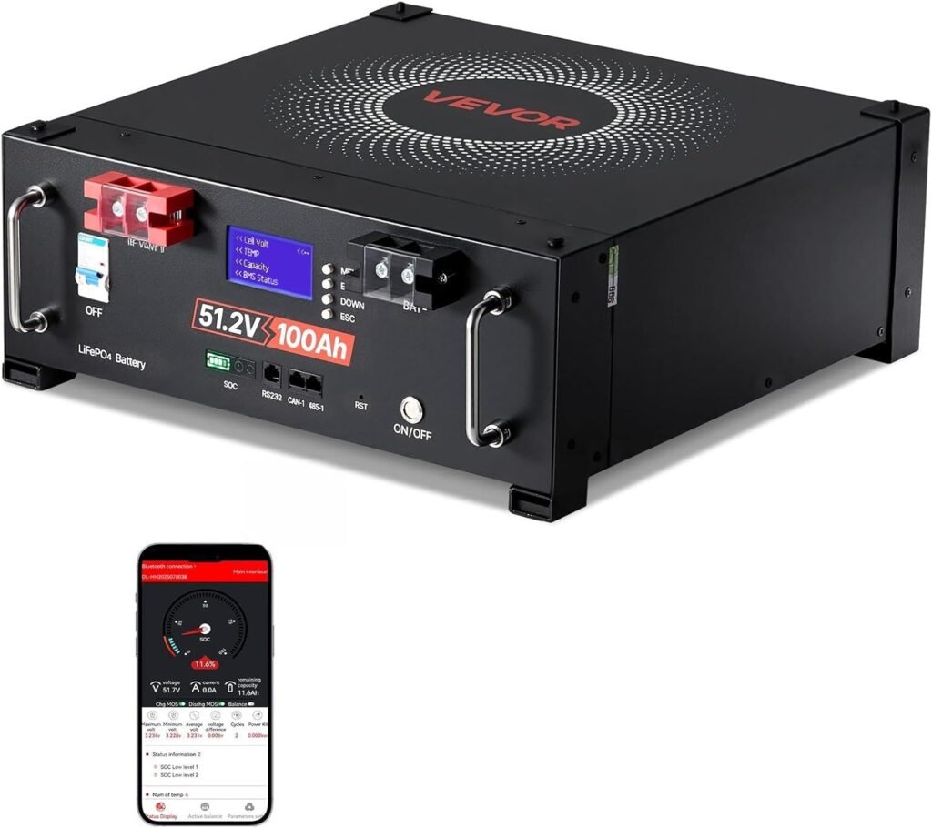 VEVOR 48V 100Ah LiFePO4 Lithium Battery with Bluetooth and LCD Display, 5.12kWh Capacity Built-in 100A BMS 51.2V Max 6000 Cycles for Backup Power Off-Grid Solar Panel System