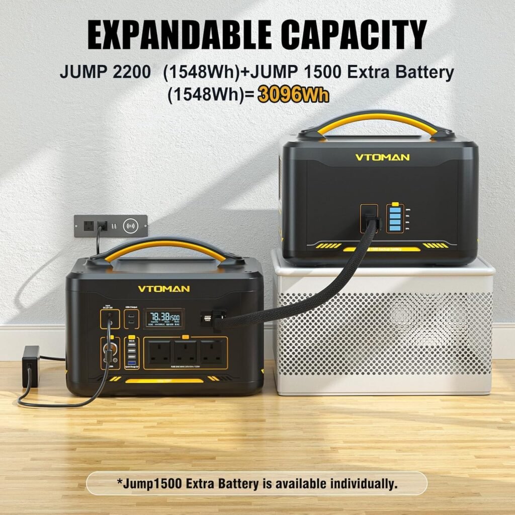 VTOMAN Jump 2200 Portable Power Station 2200W(Peak 4400W) - 1548Wh LiFePO4 Solar Power Generator 2200W Constant-Power Battery Powered Generator, Dual PD 100W Type-C, Capacity Expandable to 3096Wh