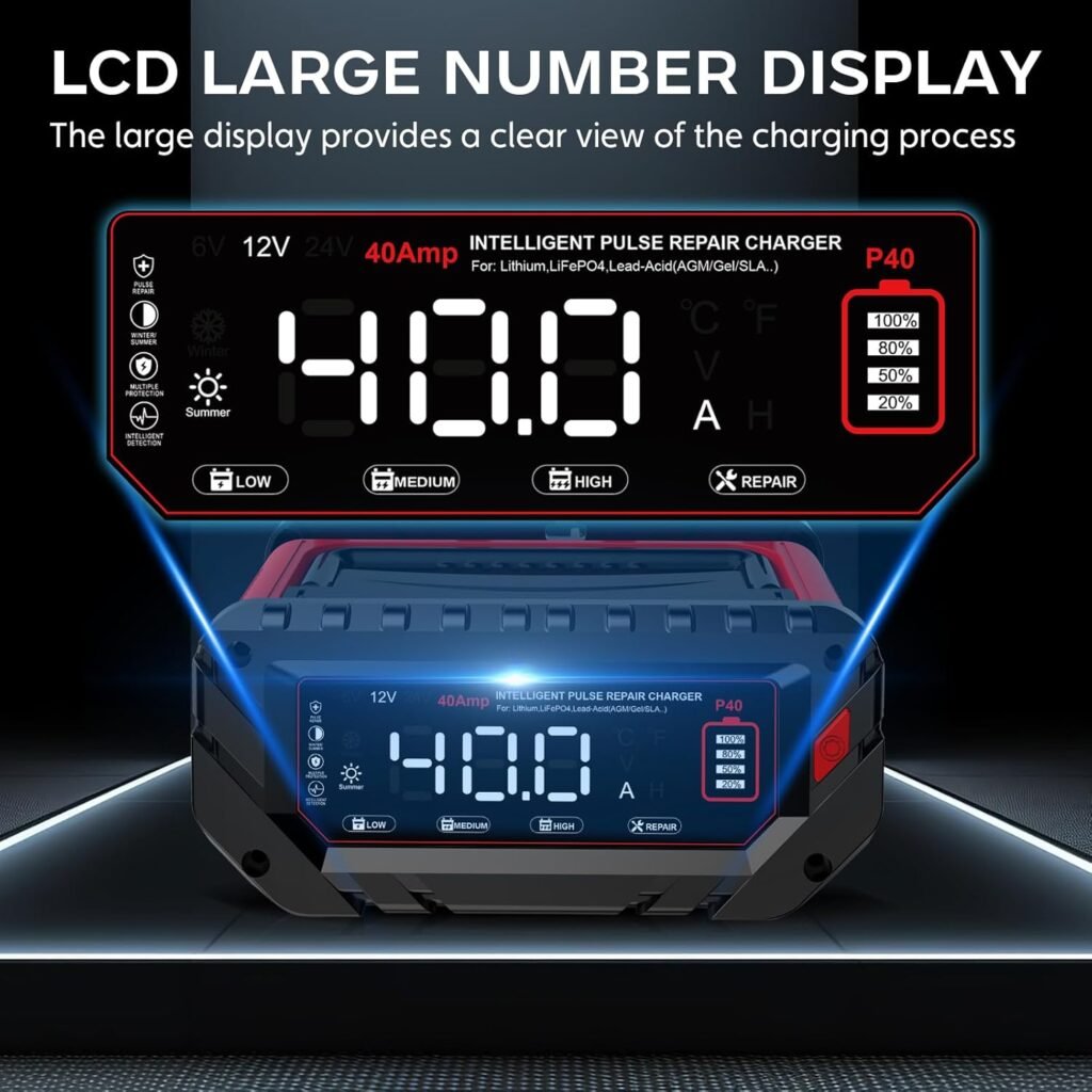 40 Amp Battery Charger, 6V/12V/24V Lithium LiFePO4 Lead Acid Smart Car Battery Charger, Automotive Maintainer Trickle Charger for Car, SUV, Motorcycle, Boat, Lawn Mower