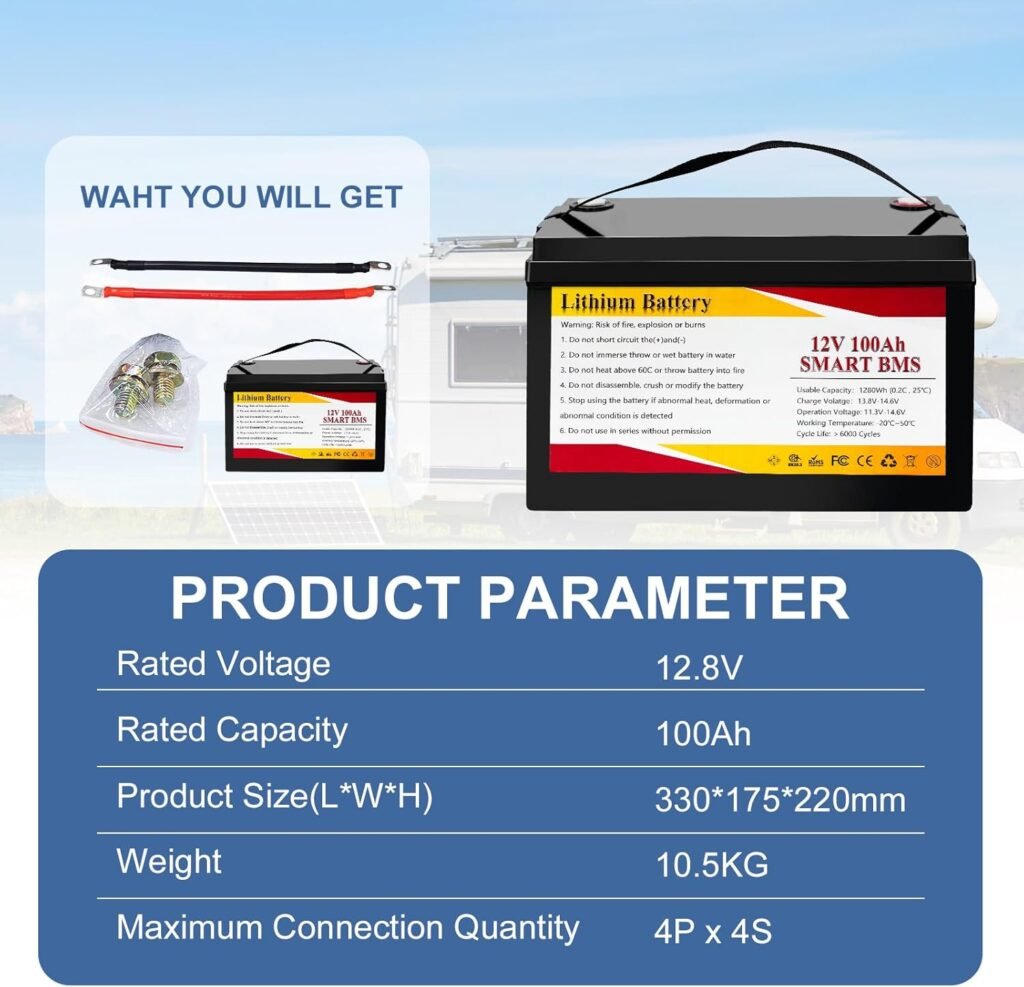 Generic Lifepo4 Battery 12 V 100 Ah Compatible with Multiple Devices 1280 Wh Deep Cycle Energy Storage Battery with 100 A BMS