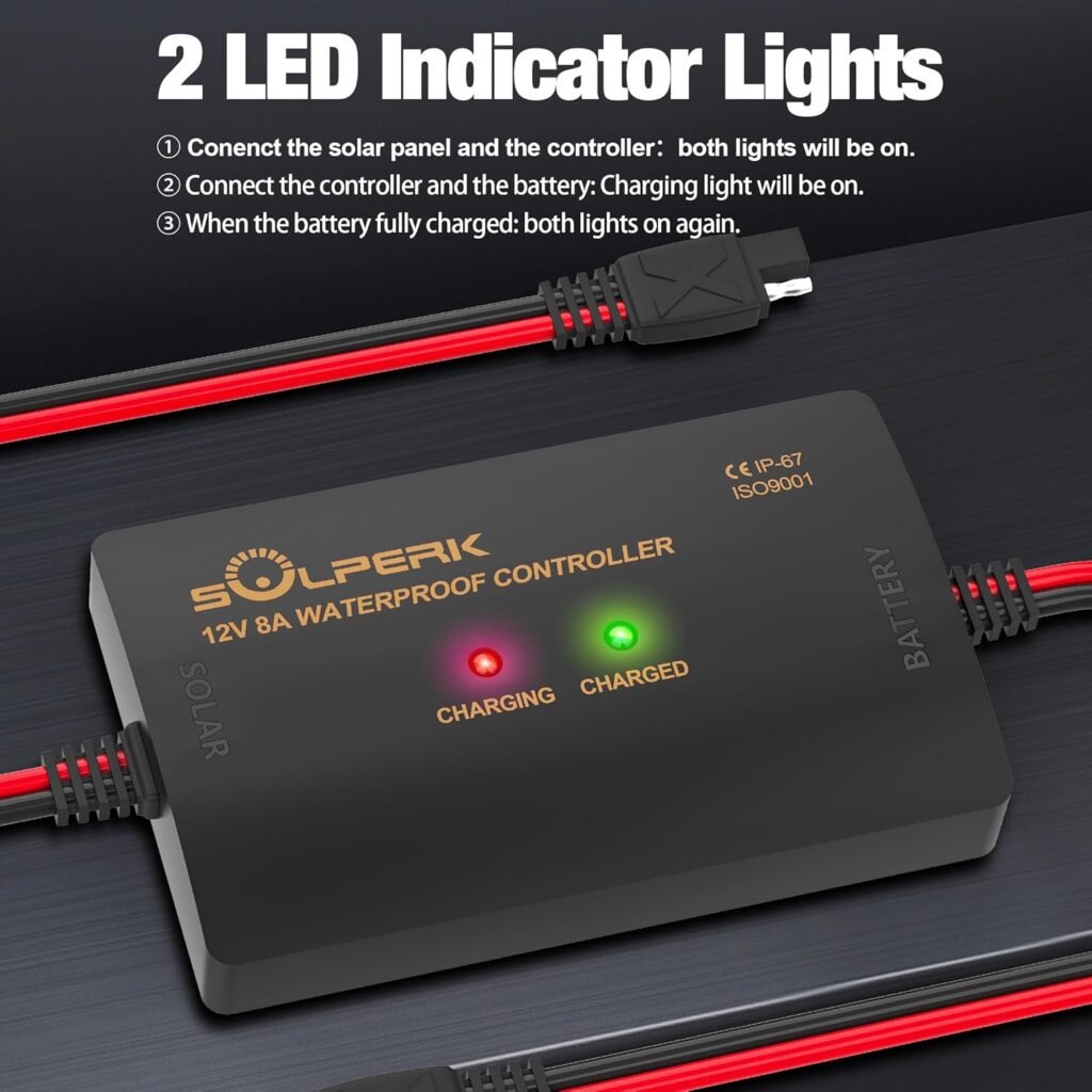 SOLPERK 8A 12V Solar Charge Controller, IP67 Waterproof PWM Solar Panel Battery Regulator with LED Display for Gel AGM Lead-Acid Lithium LiFePO4 Battery, Used in RV Boat Car