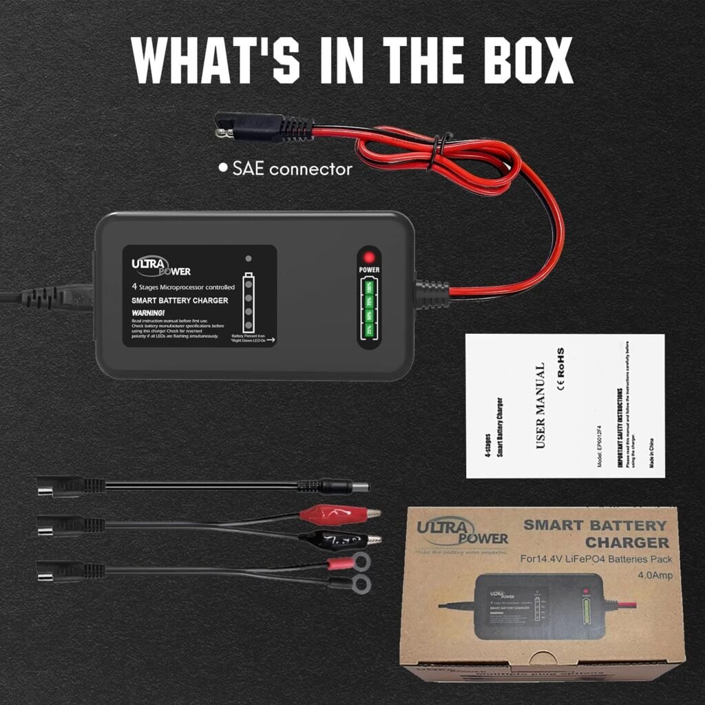 ULTRAPOWER Upgraded 12-14.6V LiFePO4 Battery Charger,4A Smart Lithium Battery Charger and Maintainer for Cars,Motocycles,Golf Trolley,UAV,Fishing Boat and Lithium Deep Cycle Batteries(ETL Listed)