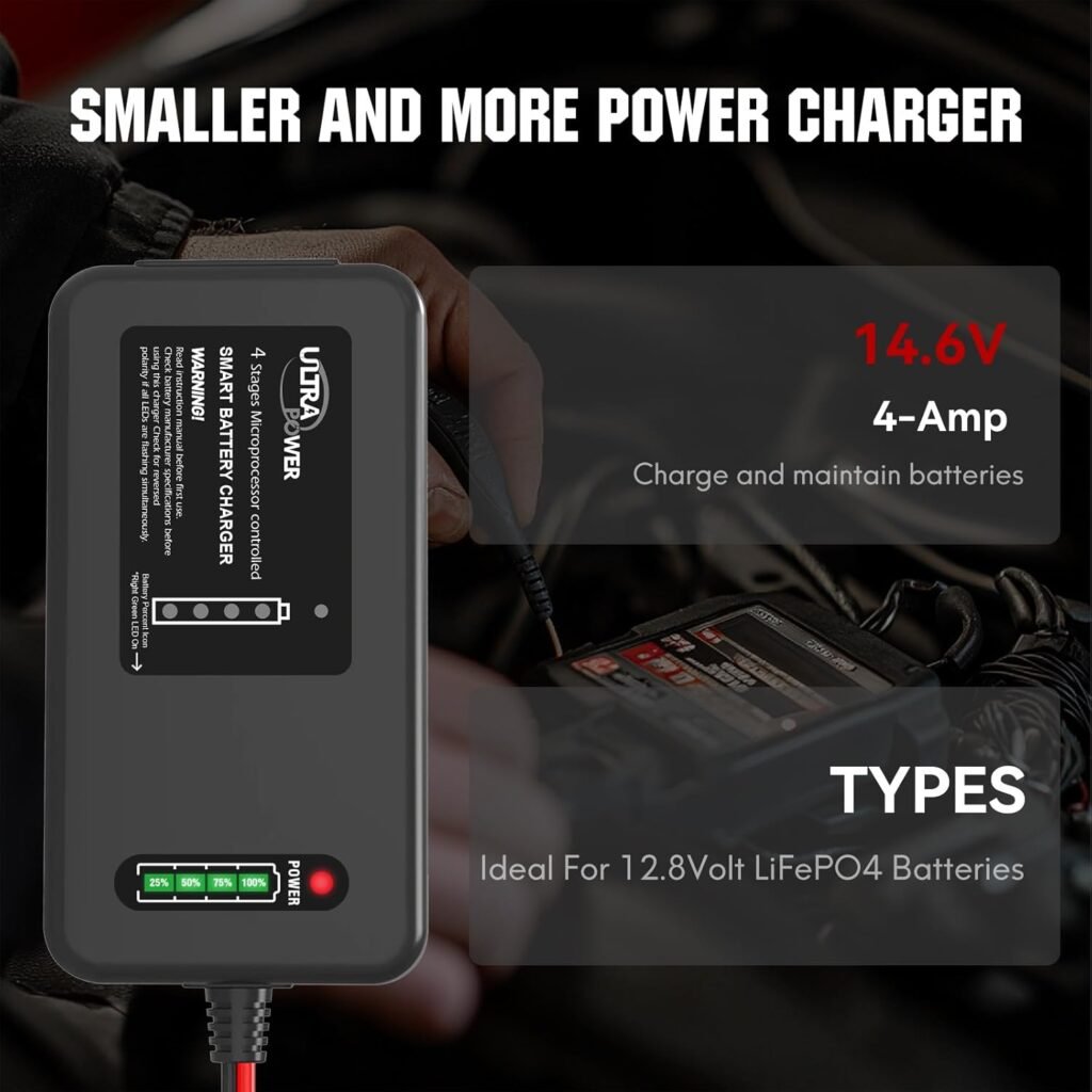 ULTRAPOWER Upgraded 12-14.6V LiFePO4 Battery Charger,4A Smart Lithium Battery Charger and Maintainer for Cars,Motocycles,Golf Trolley,UAV,Fishing Boat and Lithium Deep Cycle Batteries(ETL Listed)