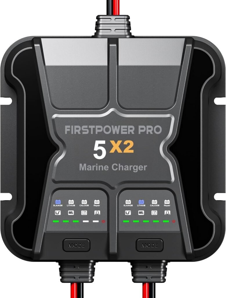 2 Bank Marine Battery Charger 5X2, 10A (5A/Bank) - 12V Waterproof Onboard Boat Battery Charger Trickle Charger for SLA/AGM (Lead-Acid), Lithium (LiFePO4) Battery- Charged 24/7