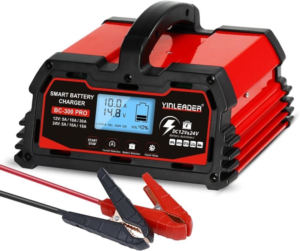 Battery Charger 30A, 12V/24V Lead Acid Smart Battery Charger, 12V LiFePO4 Car Battery Trickle Charger, Automatic Battery Maintainer for Car Motorcycle Lawn Mower Marine Boat Lead Acid Batteries