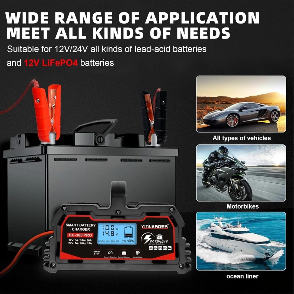 Battery Charger 30A, 12V/24V Lead Acid Smart Battery Charger, 12V LiFePO4 Car Battery Trickle Charger, Automatic Battery Maintainer for Car Motorcycle Lawn Mower Marine Boat Lead Acid Batteries