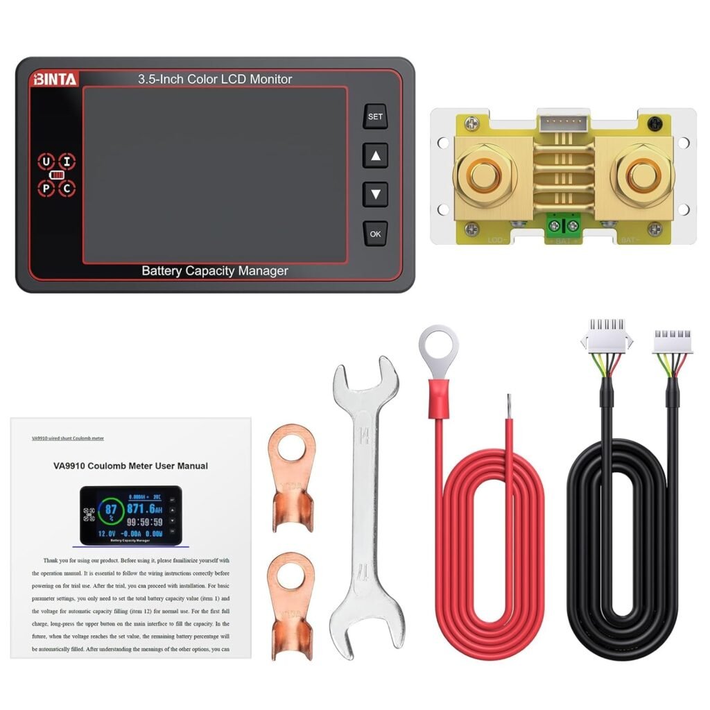 BINTA 3.5 Inch 500A Battery Monitor Shunt 8-100V for Lifepo4 Lithium Lithium-ion Batteries, Backlight Color Screen Waterproof Battery Monitor with Sliding Cover for Car RV Golf Cart Solar Panel Boat