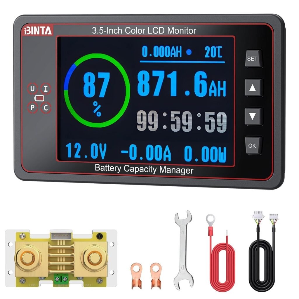 BINTA 3.5 Inch 500A Battery Monitor Shunt 8-100V for Lifepo4 Lithium Lithium-ion Batteries, Backlight Color Screen Waterproof Battery Monitor with Sliding Cover for Car RV Golf Cart Solar Panel Boat