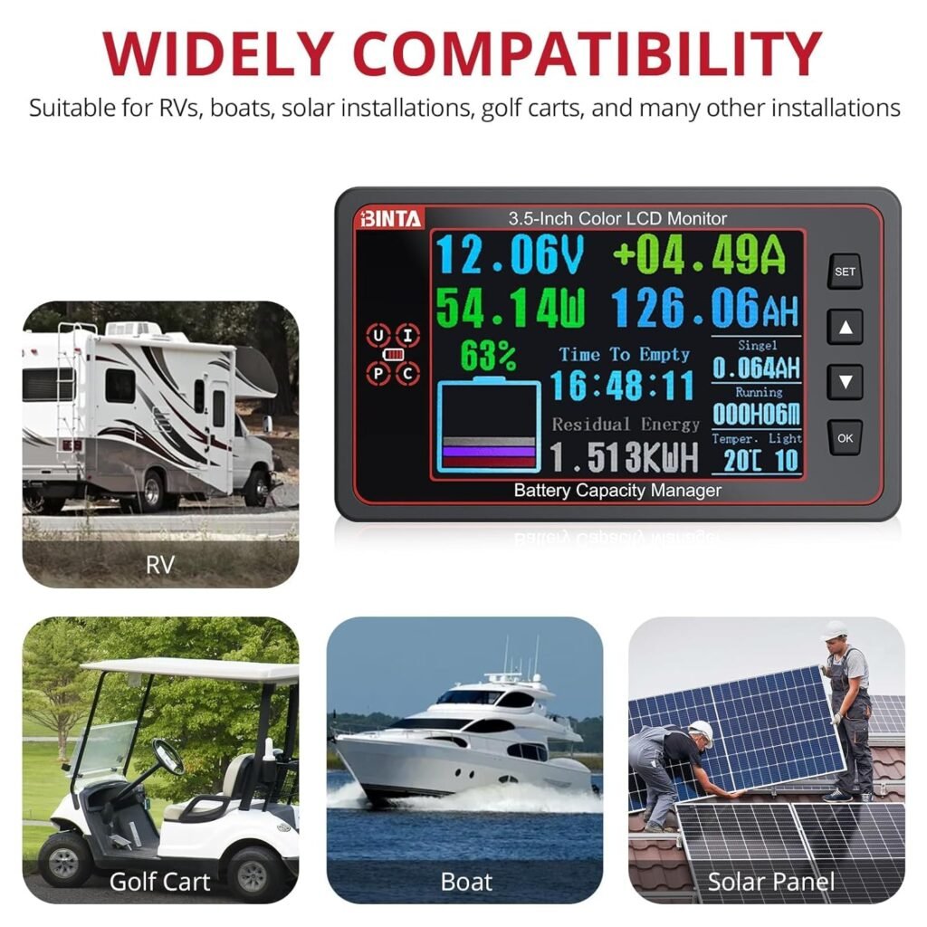 BINTA 3.5 Inch 500A Battery Monitor Shunt 8-100V for Lifepo4 Lithium Lithium-ion Batteries, Backlight Color Screen Waterproof Battery Monitor with Sliding Cover for Car RV Golf Cart Solar Panel Boat