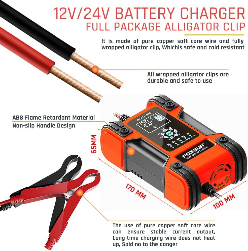 FOXSUR 7-Stage Smart Car Battery Charger Automotive 12V 24V 12A Motorcycle Truck Boat Lithium Gel AGM Wet Lead-Acid LiFePO4 Fully Automatic Deep Cycle Pulse Repair Fast Maintainer Desulfator FOXSUR 7-Stage Smart Car Battery Charger Automotive 12V 24V 12A Motorcycle Truck Boat Lithium Gel AGM Wet Lead-Acid LiFePO4 Fully Automatic Deep Cycle Pulse Repair Fast Maintainer Desulfator