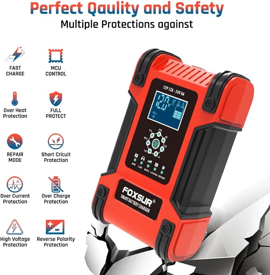 FOXSUR 7-Stage Smart Car Battery Charger Automotive 12V 24V 12A Motorcycle Truck Boat Lithium Gel AGM Wet Lead-Acid LiFePO4 Fully Automatic Deep Cycle Pulse Repair Fast Maintainer Desulfator FOXSUR 7-Stage Smart Car Battery Charger Automotive 12V 24V 12A Motorcycle Truck Boat Lithium Gel AGM Wet Lead-Acid LiFePO4 Fully Automatic Deep Cycle Pulse Repair Fast Maintainer Desulfator