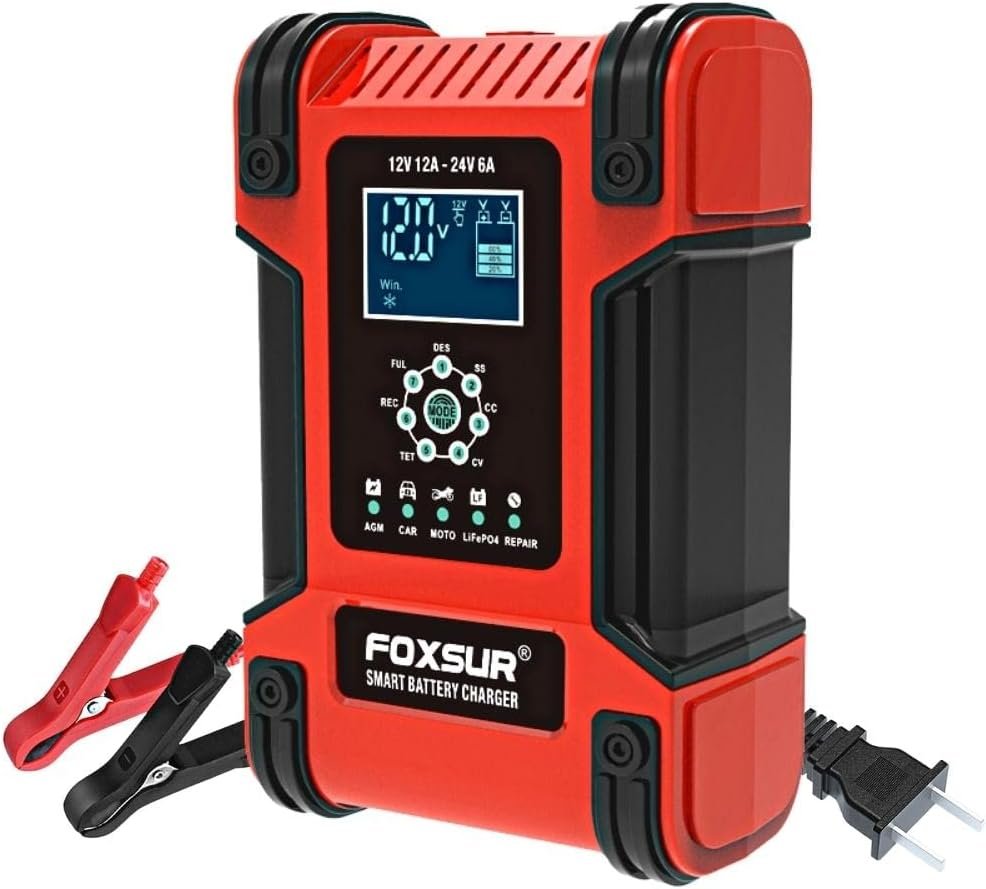 FOXSUR 7-Stage Smart Car Battery Charger Automotive 12V 24V 12A Motorcycle Truck Boat Lithium Gel AGM Wet Lead-Acid LiFePO4 Fully Automatic Deep Cycle Pulse Repair Fast Maintainer Desulfator FOXSUR 7-Stage Smart Car Battery Charger Automotive 12V 24V 12A Motorcycle Truck Boat Lithium Gel AGM Wet Lead-Acid LiFePO4 Fully Automatic Deep Cycle Pulse Repair Fast Maintainer Desulfator