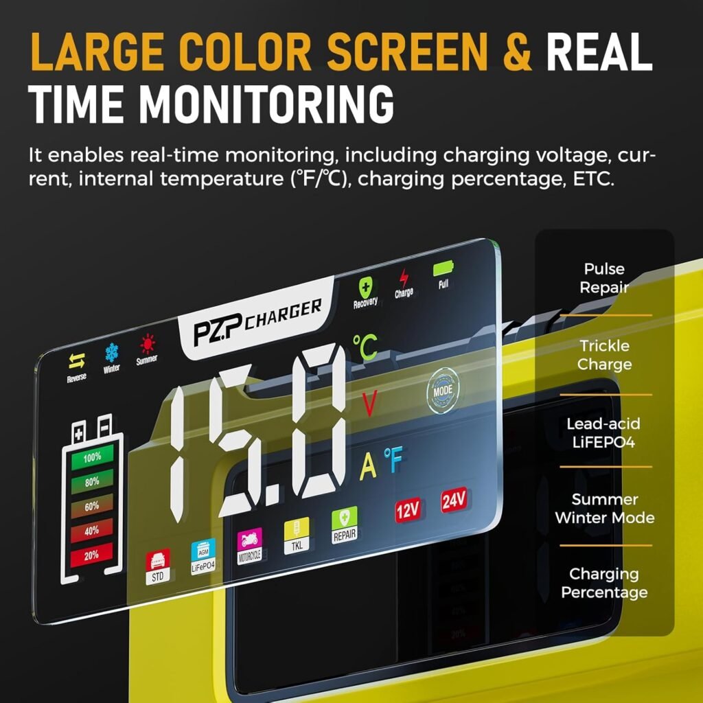 PZP 15-Amp 12V/24V Smart Battery Charger, Maintainer Trickle Charger for LiFePO4, Lead Acid Batteries - Fully Automatic 9-Stage Charging w/Temp Compensation for Motorcycle Car Truck Lawnmower Boat PZP 15-Amp 12V/24V Smart Battery Charger, Maintainer Trickle Charger for LiFePO4, Lead Acid Batteries - Fully Automatic 9-Stage Charging w/Temp Compensation for Motorcycle Car Truck Lawnmower Boat