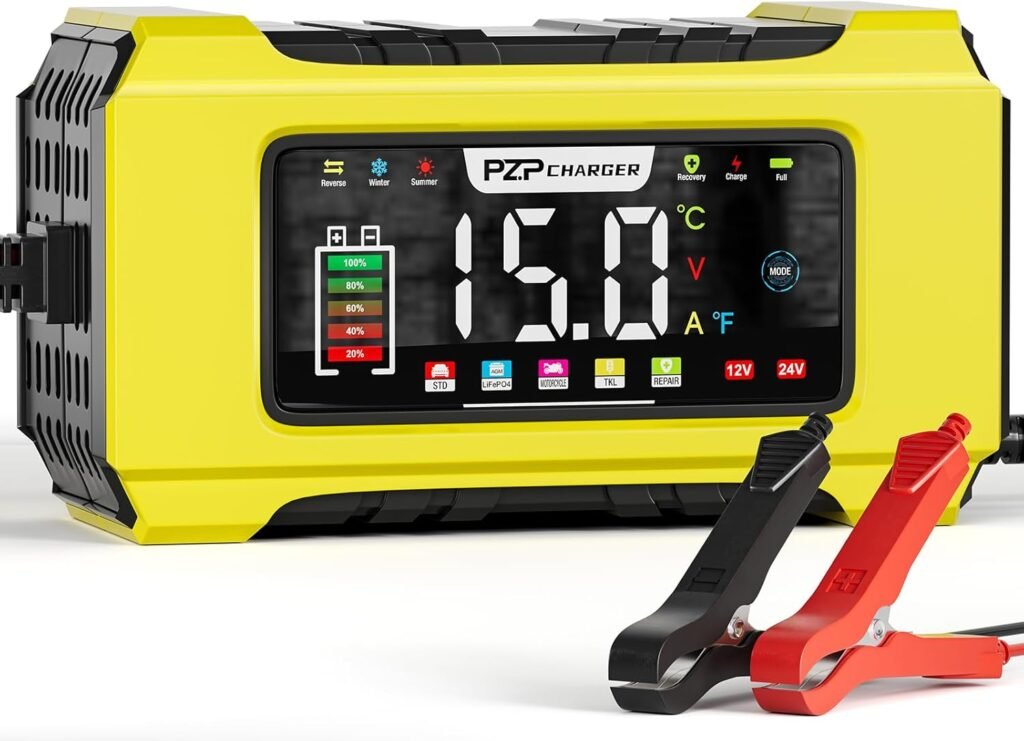 PZP 15-Amp 12V/24V Smart Battery Charger, Maintainer Trickle Charger for LiFePO4, Lead Acid Batteries - Fully Automatic 9-Stage Charging w/Temp Compensation for Motorcycle Car Truck Lawnmower Boat PZP 15-Amp 12V/24V Smart Battery Charger, Maintainer Trickle Charger for LiFePO4, Lead Acid Batteries - Fully Automatic 9-Stage Charging w/Temp Compensation for Motorcycle Car Truck Lawnmower Boat