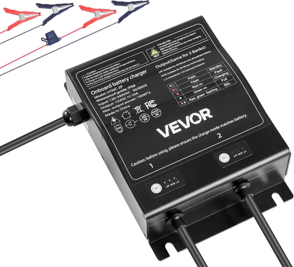 VEVOR Marine Battery Charger, 2-Bank, 10A 12V Onboard Boat Charger, IP68 Waterproof Smart On-Board Battery Charger, for Lithium-Ion (LiFePO4), NCM, Lead-Acid Batteries, Large Boat, Yacht, RV, Trailer