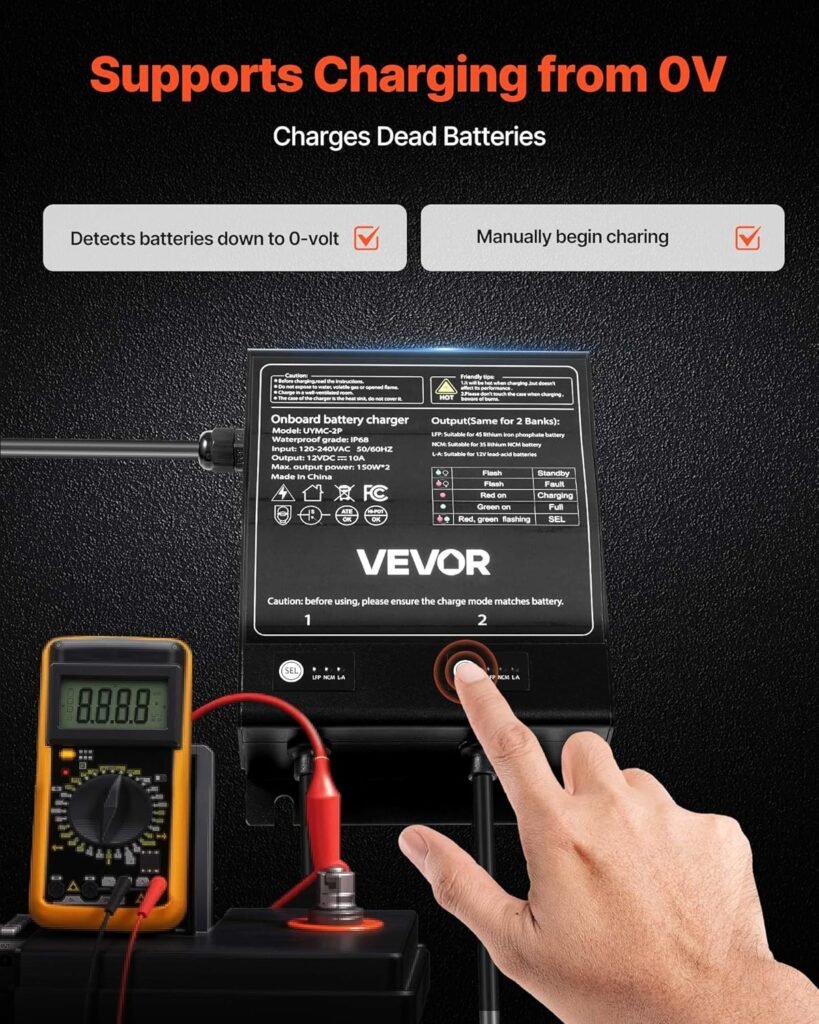 VEVOR Marine Battery Charger, 2-Bank, 10A 12V Onboard Boat Charger, IP68 Waterproof Smart On-Board Battery Charger, for Lithium-Ion (LiFePO4), NCM, Lead-Acid Batteries, Large Boat, Yacht, RV, Trailer