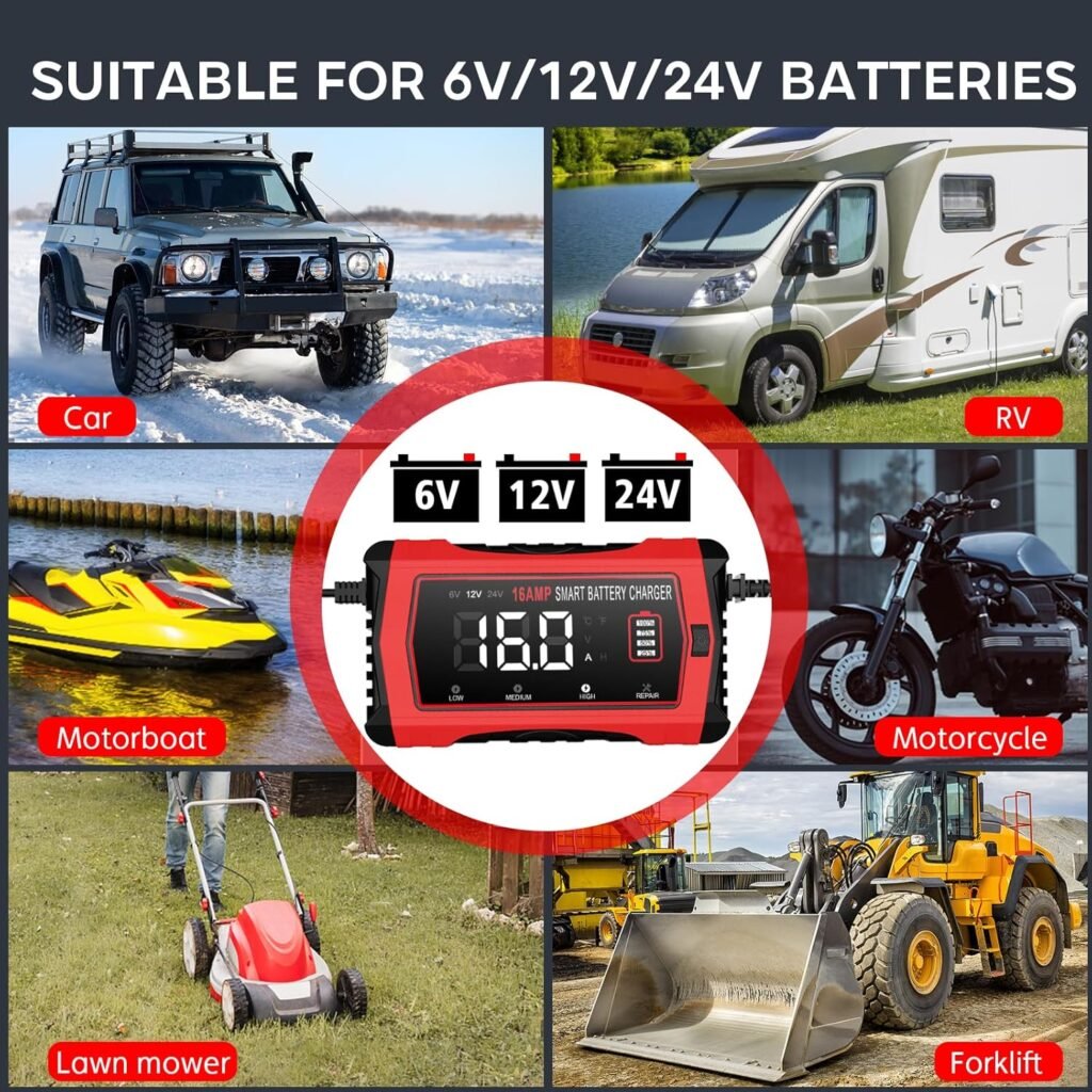 16-Amp Battery Charger, 12V 24V Lithium LiFePO4 Lead Acid Car Battery Charger 10-Stage Trickle Charger Smart Battery Maintainer w/Temp Compensation for Car Truck Lawn Mower Boat Marine 16-Amp Battery Charger, 12V 24V Lithium LiFePO4 Lead Acid Car Battery Charger 10-Stage Trickle Charger Smart Battery Maintainer w/Temp Compensation for Car Truck Lawn Mower Boat Marine