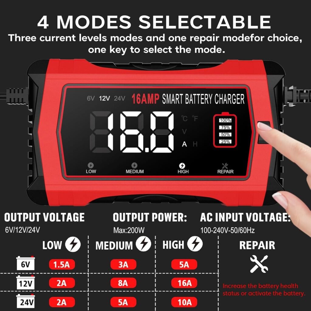 16-Amp Battery Charger, 12V 24V Lithium LiFePO4 Lead Acid Car Battery Charger 10-Stage Trickle Charger Smart Battery Maintainer w/Temp Compensation for Car Truck Lawn Mower Boat Marine 16-Amp Battery Charger, 12V 24V Lithium LiFePO4 Lead Acid Car Battery Charger 10-Stage Trickle Charger Smart Battery Maintainer w/Temp Compensation for Car Truck Lawn Mower Boat Marine