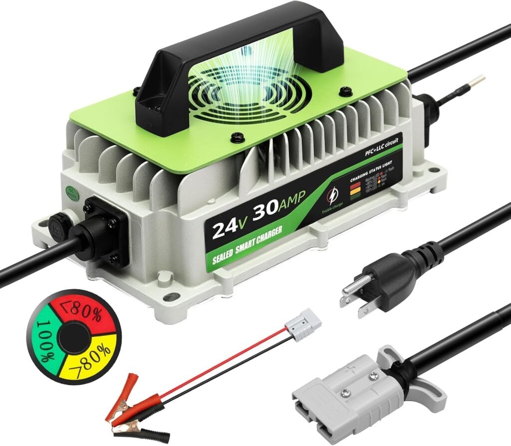 24V Lithium Battery Charger 30A LiFePO4 Charger Volt Battery Charger for Forklift RV Boat Trolling Motor Solar System 1000W IP65 Waterproof with Cooling Fan Alligator Clips