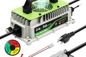 24V Lithium Battery Charger 30A LiFePO4 Charger 24 Volt Battery Charger for Forklift RV Boat Trolling Motor Solar System 1000W IP65 Waterproof with Cooling Fan Alligator Clips