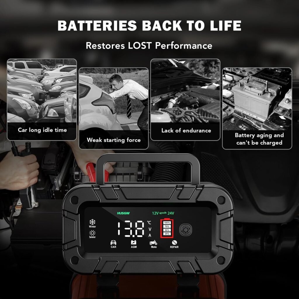 Car Battery Charger 12V 24V LiFePO4 Car Charger Smart Battery Charger with Temperature Compensation for Car Truck Motorcycle Lawn Mower