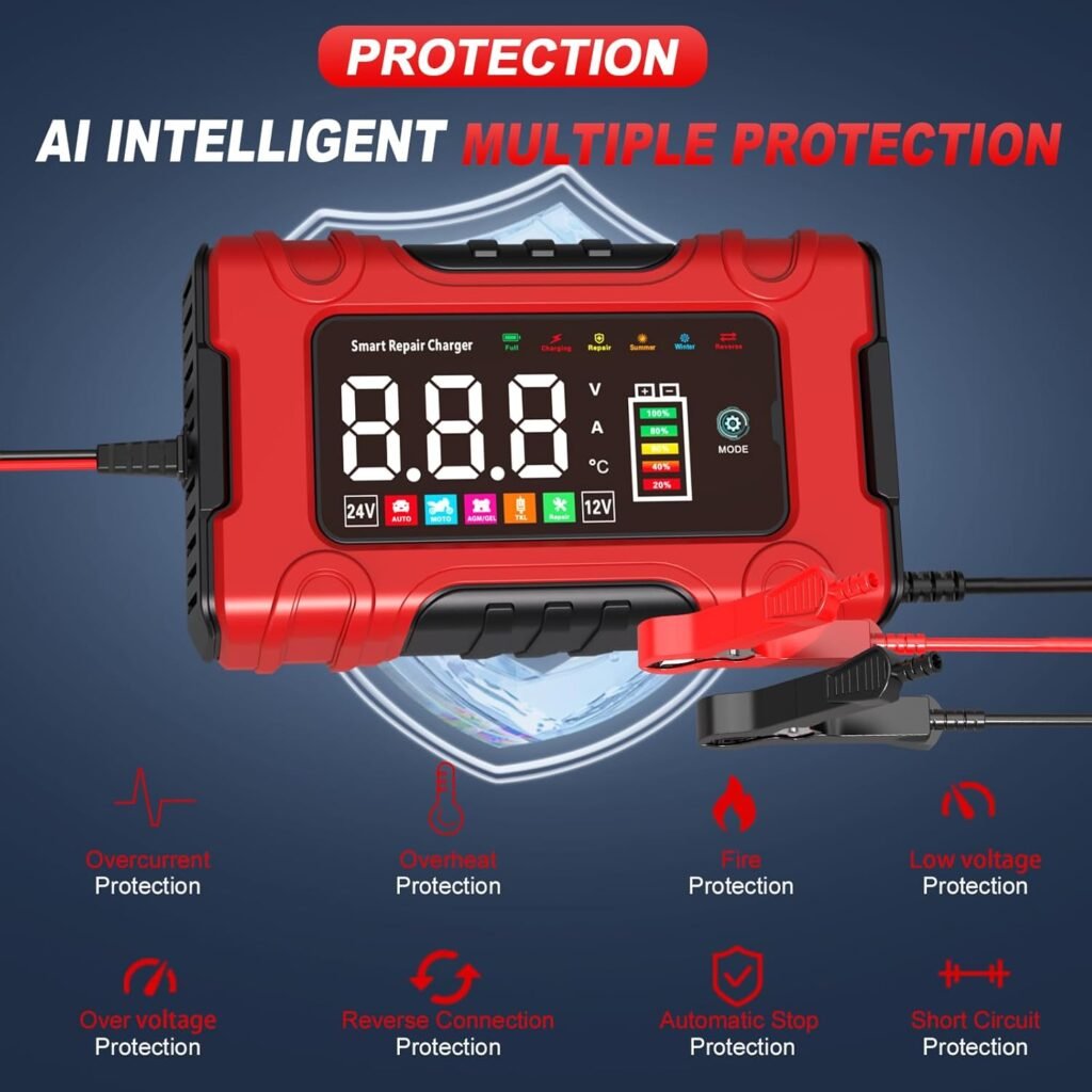 Car Battery Charger, 12V/10A 24V/5A, Compatible Automotive Smart Portable Lead Acid Battery/LiFePO4 Charger Pulse Repair Trickle Charger for Car,Truck,Motorcycle, Lawn Mower,Boat,LED Touch Car Battery Charger, 12V/10A 24V/5A, Compatible Automotive Smart Portable Lead Acid Battery/LiFePO4 Charger Pulse Repair Trickle Charger for Car,Truck,Motorcycle, Lawn Mower,Boat,LED Touch