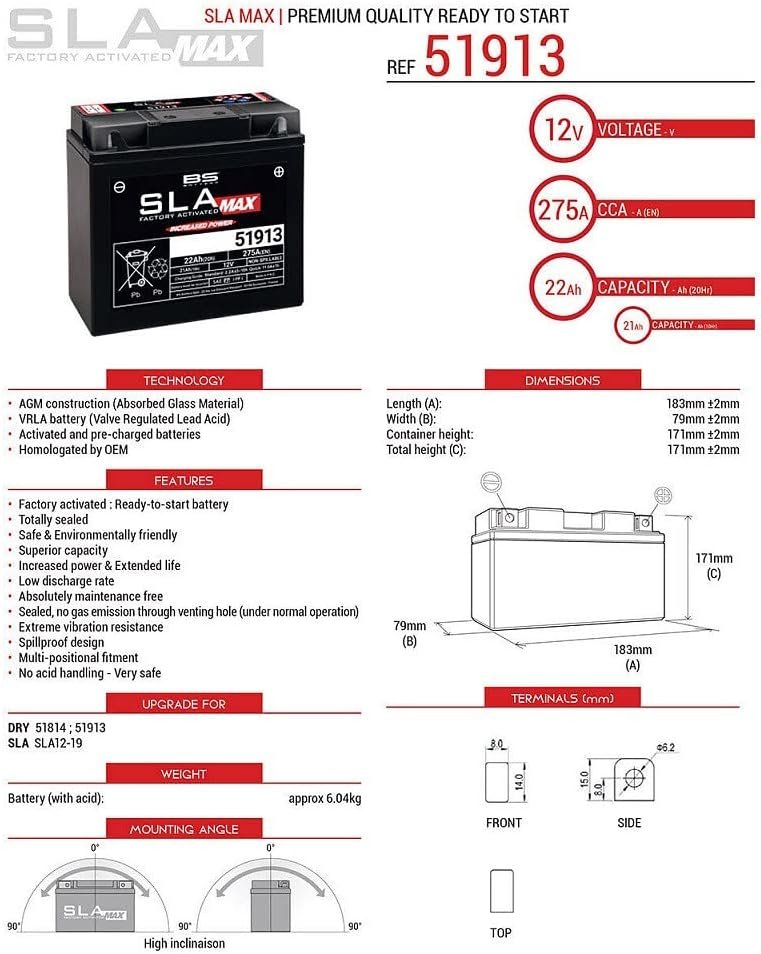 COMPATIBLE WITH BMW R/5 dal al BATTERY 12-19 BL-BS SLA MAX BS READY TO ASSEMBLE CHARGED-ACTIVATED 21AH 12V 183X79X171MM BATTERIES WITHOUT MAINTENANCE