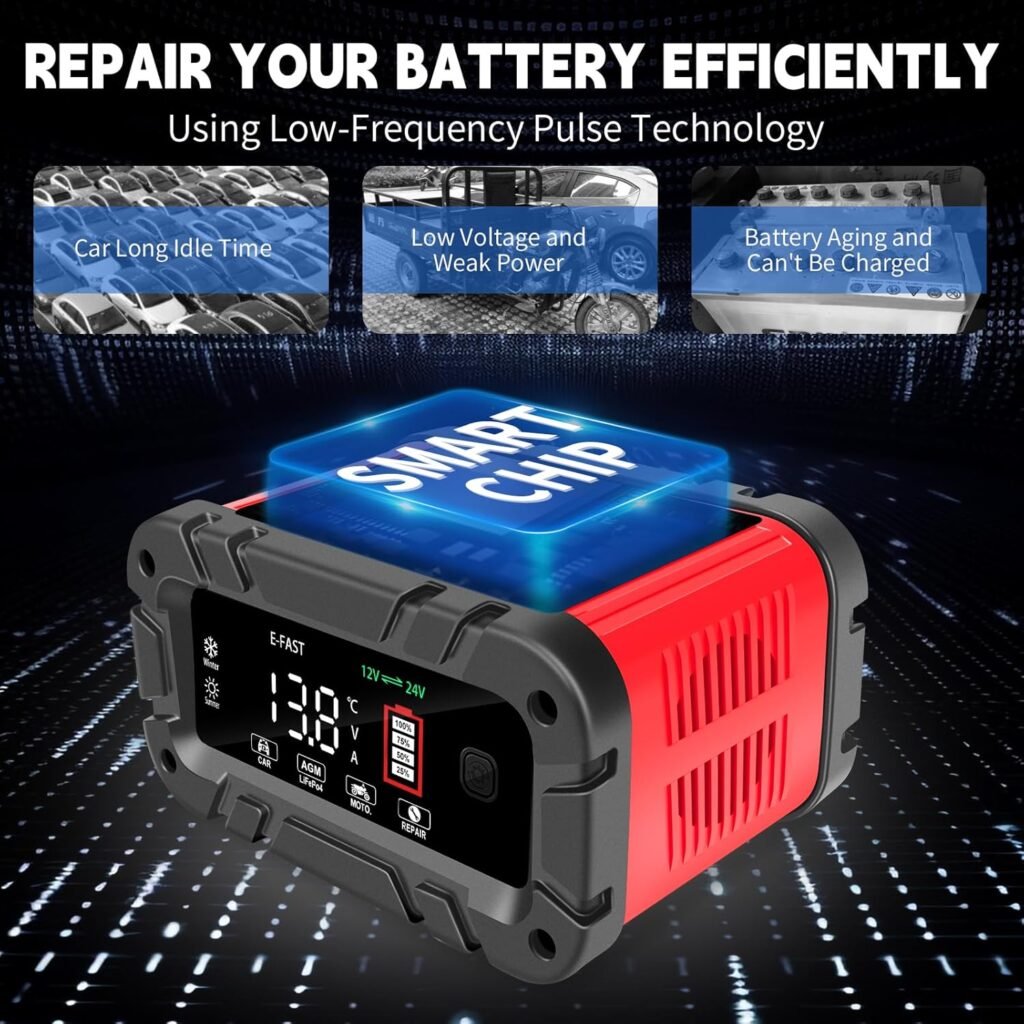 E-FAST Battery Charger 0-20A/24V Lifepo4 Lead Acid Automatic Smart Car Battery Charger, Trickle  Pulse Repair, Automobile Battery Maintainer for Car Truck Motorcycle Lawn Mower Boat
