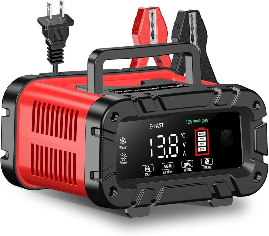 E-FAST Battery Charger 0-20A/24V Lifepo4 Lead Acid Automatic Smart Car Battery Charger, Trickle  Pulse Repair, Automobile Battery Maintainer for Car Truck Motorcycle Lawn Mower Boat