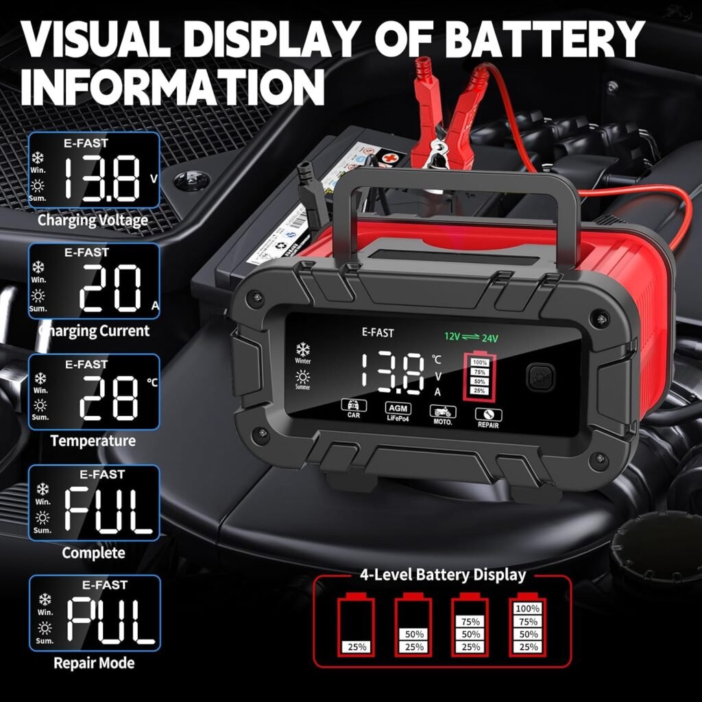 E-FAST Battery Charger 0-20A/24V Lifepo4 Lead Acid Automatic Smart Car Battery Charger, Trickle  Pulse Repair, Automobile Battery Maintainer for Car Truck Motorcycle Lawn Mower Boat