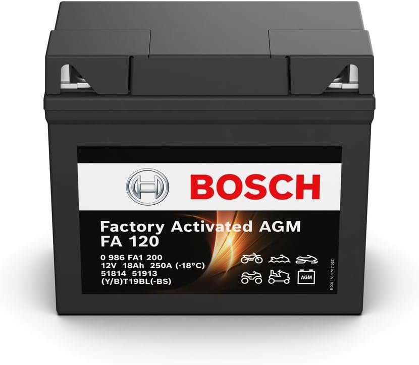 Bosch FA120 - AGM Motorcycle Battery - 12V 250A 18Ah - Suitable for motorcycles, motorbikes, enduros, scooters, quads, jet skis - Compatible M4F45, M4F41, 51814, 51913, BT19BL-BS, BT19BL