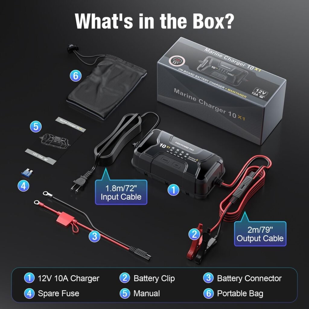 Single Bank Marine Battery Charger 10X1, 10A (10A/Bank) - 12V Waterproof Boat Battery Charger, Battery Maintainer Desulfator for SLA/AGM, Lithium, Calcium Deep Cycle - Charged/7 Single Bank Marine Battery Charger 10X1, 10A (10A/Bank) - 12V Waterproof Boat Battery Charger, Battery Maintainer Desulfator for SLA/AGM, Lithium, Calcium Deep Cycle - Charged/7