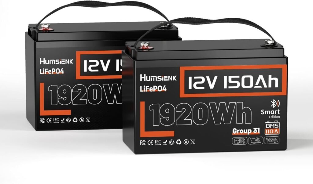 HumsiENK 12V 150Ah LiFePO4 Battery, 1920Wh Group 31, Smart Bluetooth 110A BMS, 15000+ Cycles, Deep Cycle for RV, Solar, Boat, Off Grid, Trolling Motors(2 Pack)